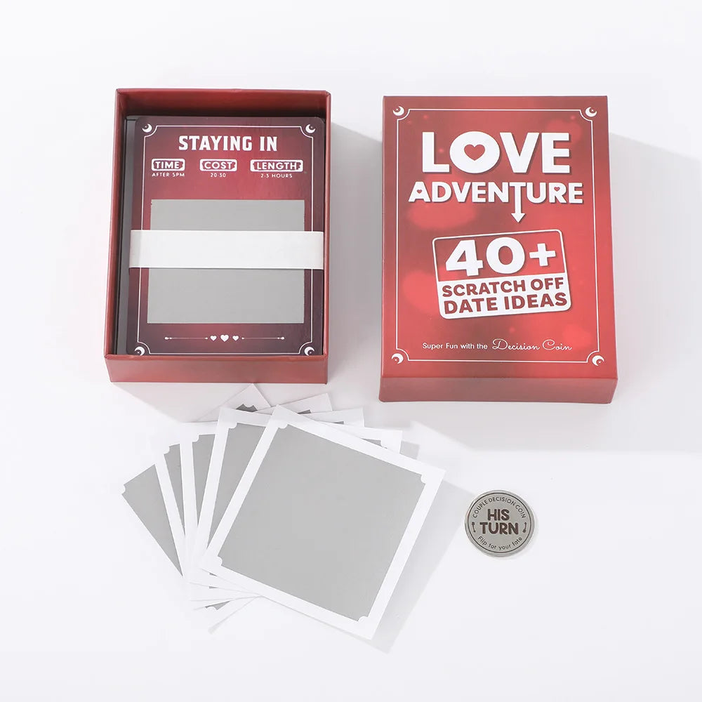 Love Adventure Scratch Off Date Ideas, 40+ Unique Cards with QR Code Surprises, Decision Coin, Blank Cards, Game for Couples